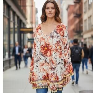 Soft Surroundings Blouse Floral Tassel POM POM trim boho festival medium